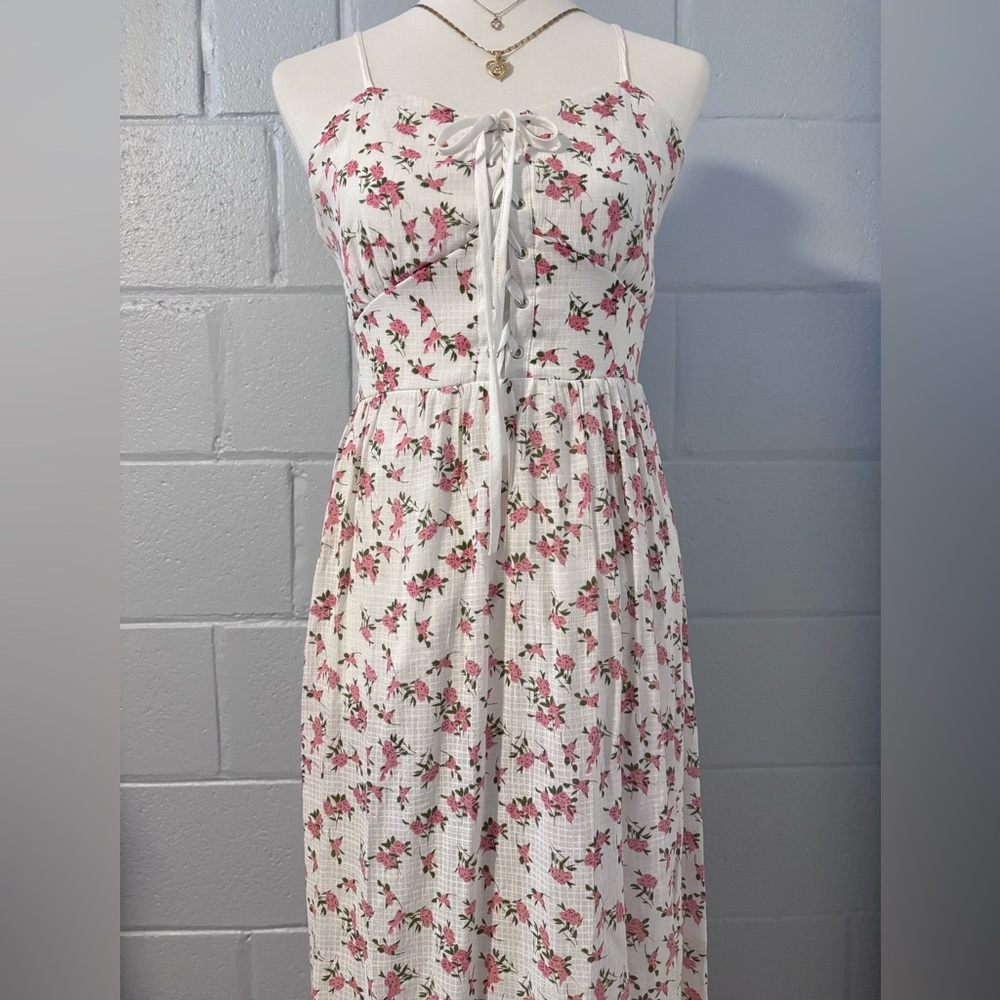 Floral White & Pink Lace Up Maxi Dress